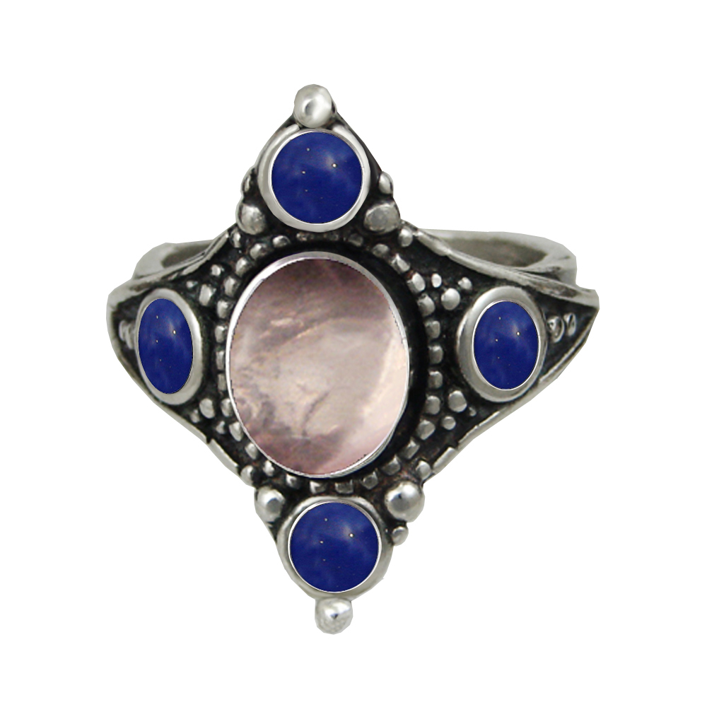 Sterling Silver Renaissance Queen's Ring With Rose Quartz And Lapis Lazuli Size 10